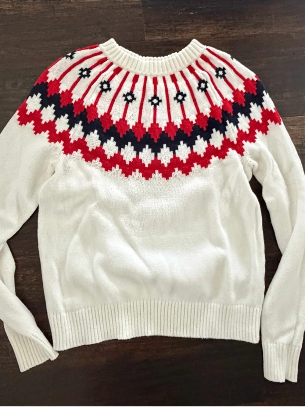 J. Crew White Crewneck Sweater with Red & Navy Fair Isle Yoke - Picture 1 of 1